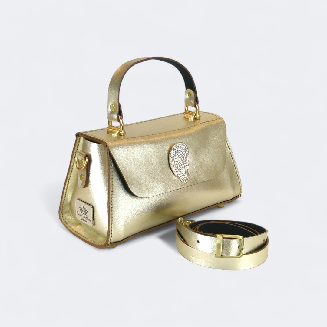 Metallic champagne δερμάτινη τσάντα CLARA σε μεταλλικό χρυσό σαμπανιζέ