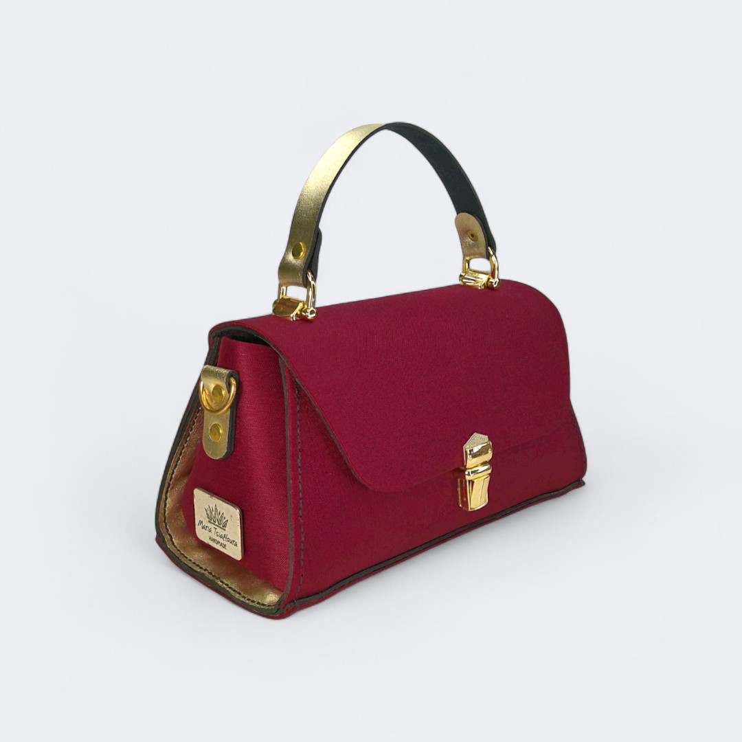 Burgundy baroque τσάντα CLARA από ύφασμα στόφα και μεταλλικό χρυσό δέρμα
