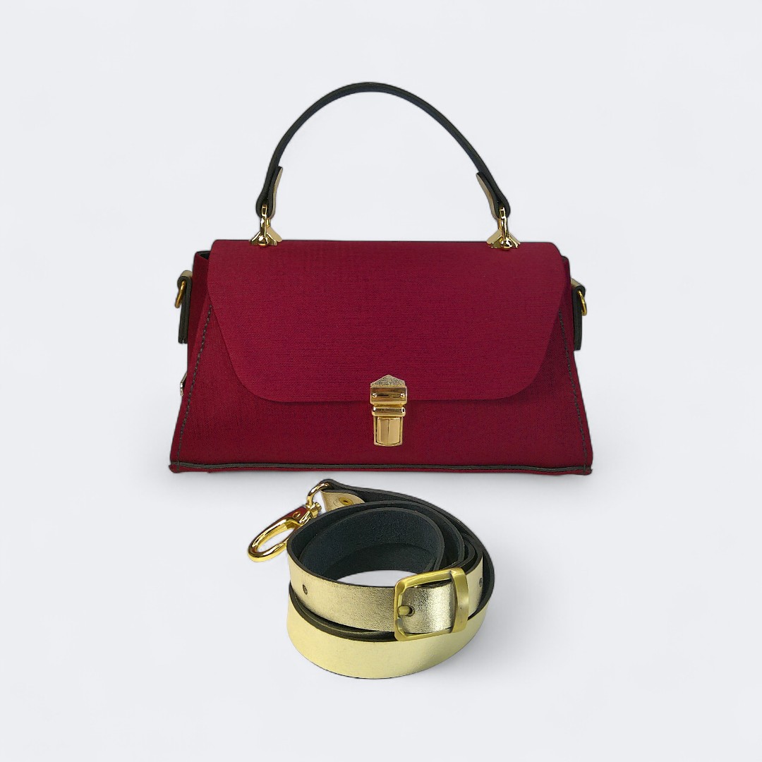 Burgundy baroque τσάντα CLARA από ύφασμα στόφα και μεταλλικό χρυσό δέρμα