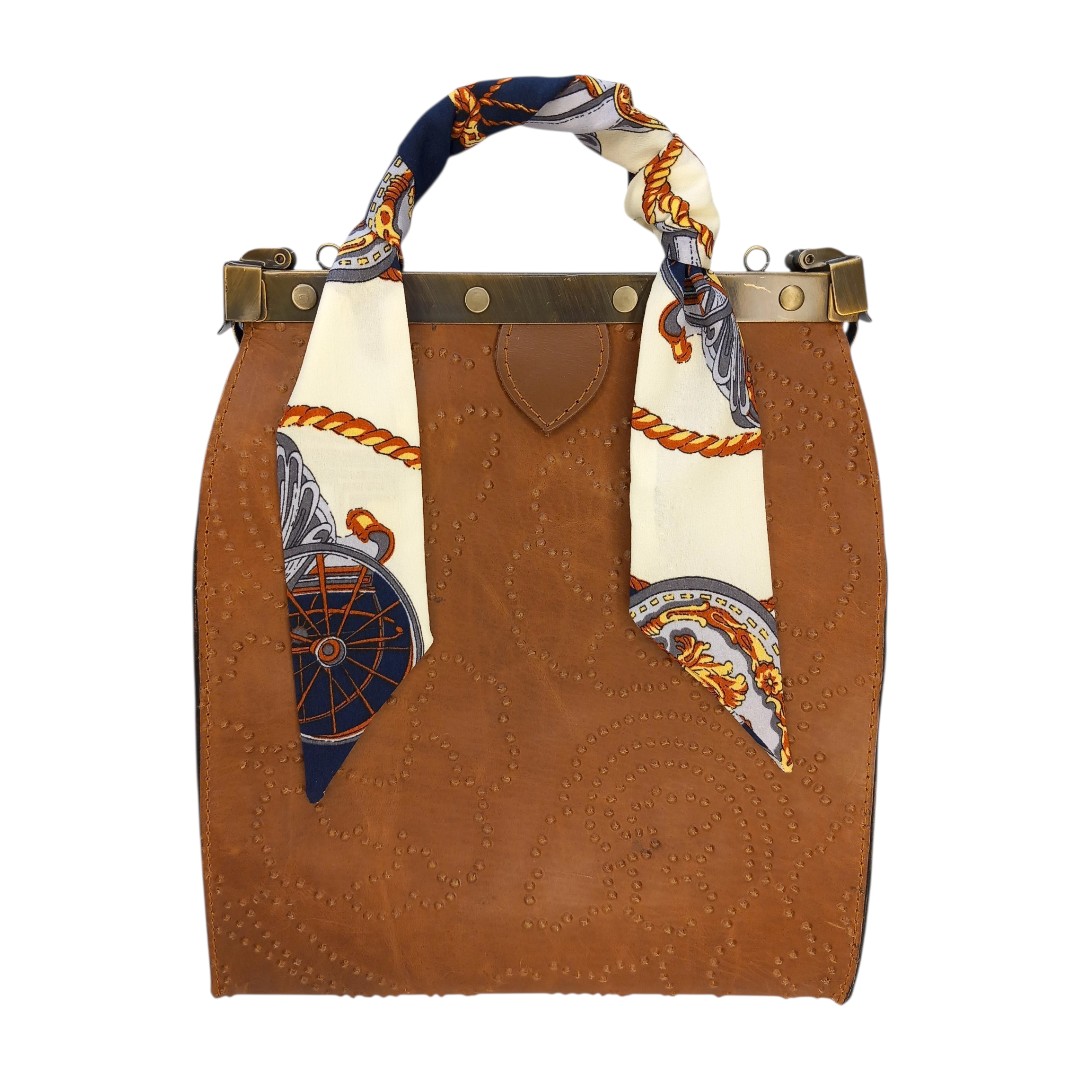 Camel leather frame bag EVELYN with embossed design