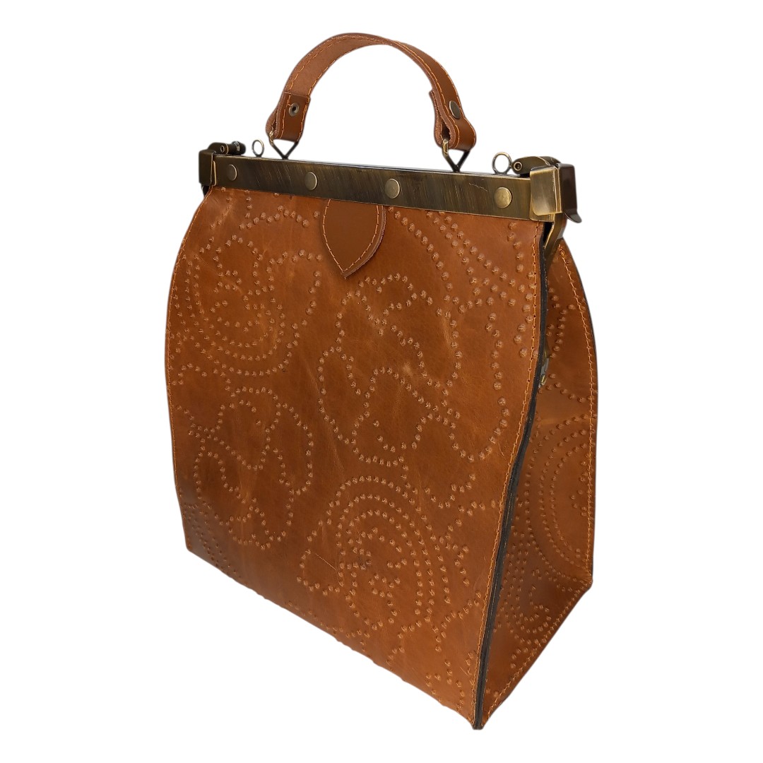 Camel leather frame bag EVELYN with embossed design