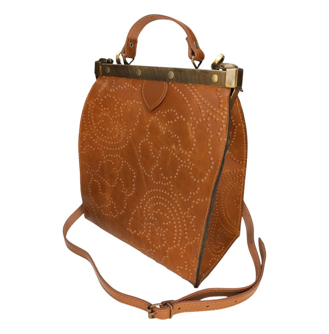 Camel leather frame bag EVELYN with embossed design