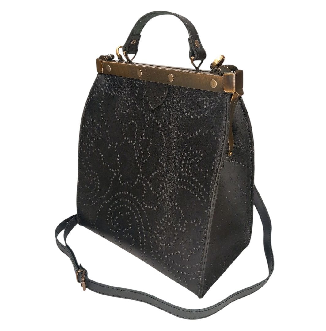 Black leather frame bag EVELYN with embossed design