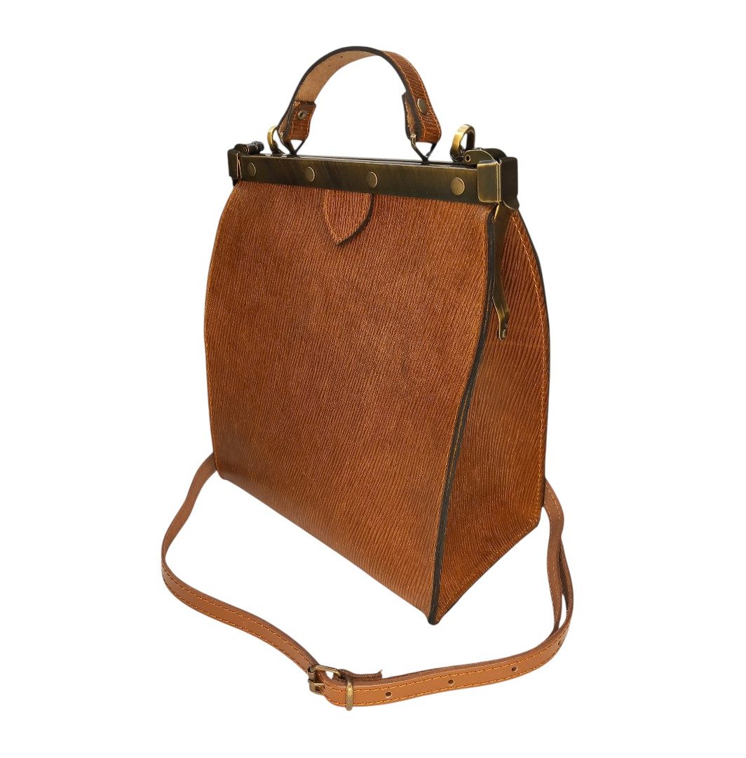 EVELYN tan leather frame bag with embossed design