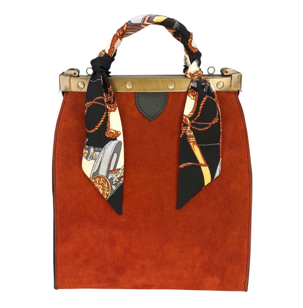 Terracotta suede frame bag EVELYN με vintage μεταλλικό κούμπωμα
