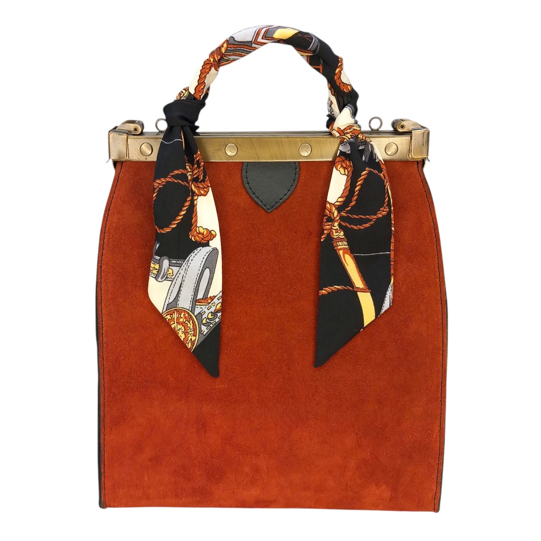Terracotta suede frame bag EVELYN with vintage metal clasp