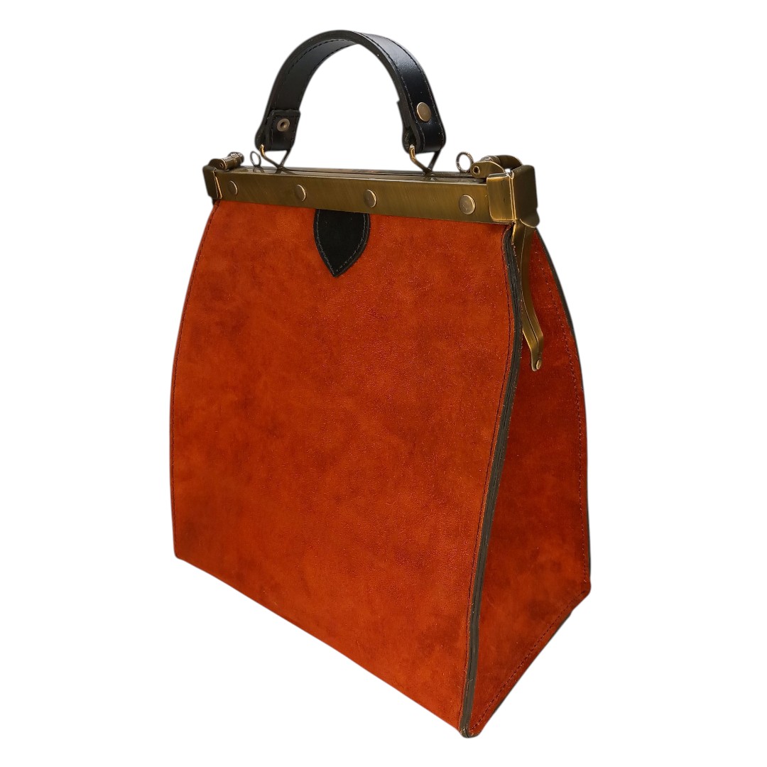 Terracotta suede frame bag EVELYN with vintage metal clasp