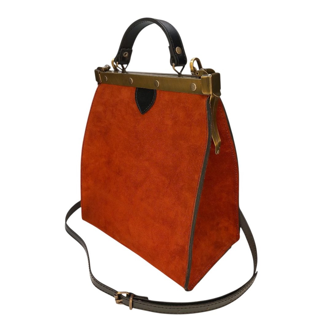 Terracotta suede frame bag EVELYN with vintage metal clasp