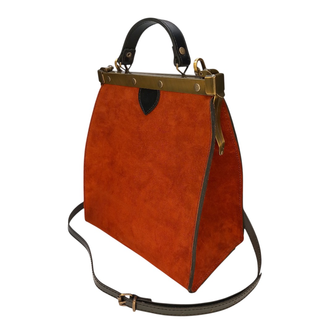 Terracotta suede frame bag EVELYN with vintage metal clasp