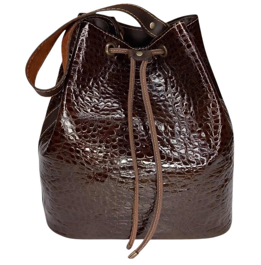 Glossy croco δερμάτινη τσάντα AVA σε καφέ απόχρωση