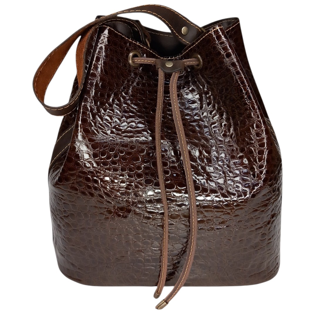 Glossy croco leather bag AVA in brown shade