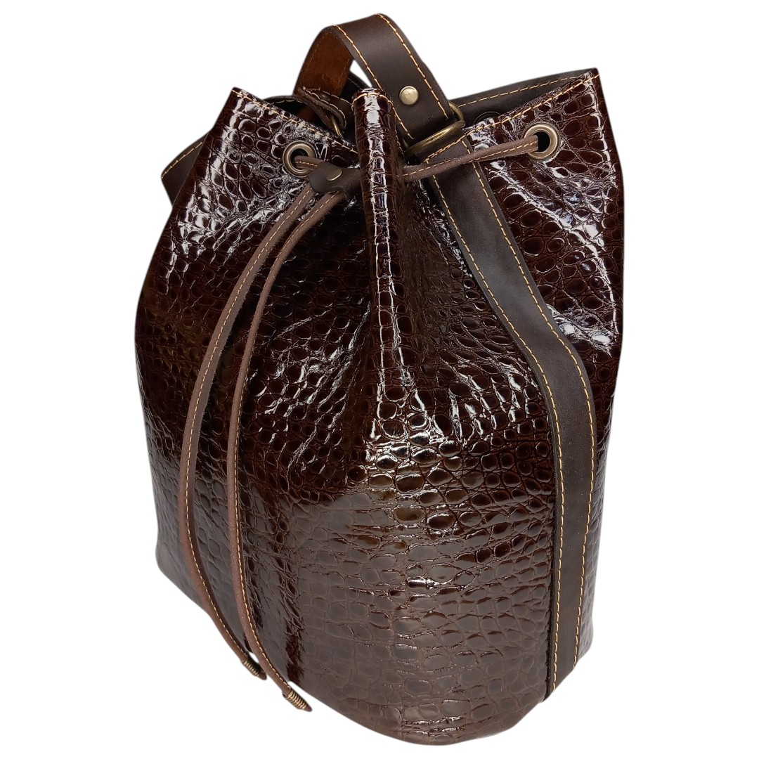 Glossy croco leather bag AVA in brown shade