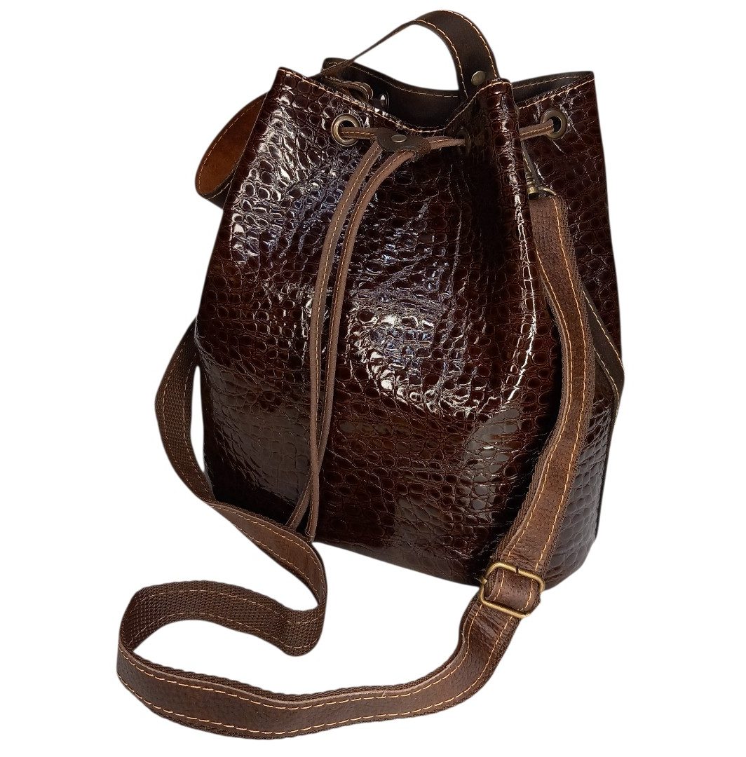 Glossy croco δερμάτινη τσάντα AVA σε καφέ απόχρωση