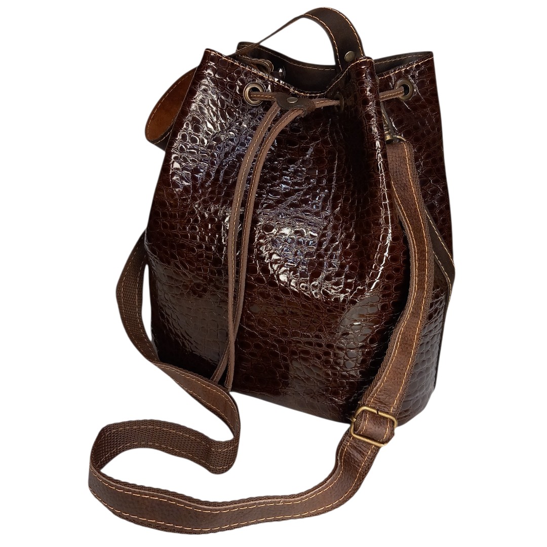 Glossy croco leather bag AVA in brown shade