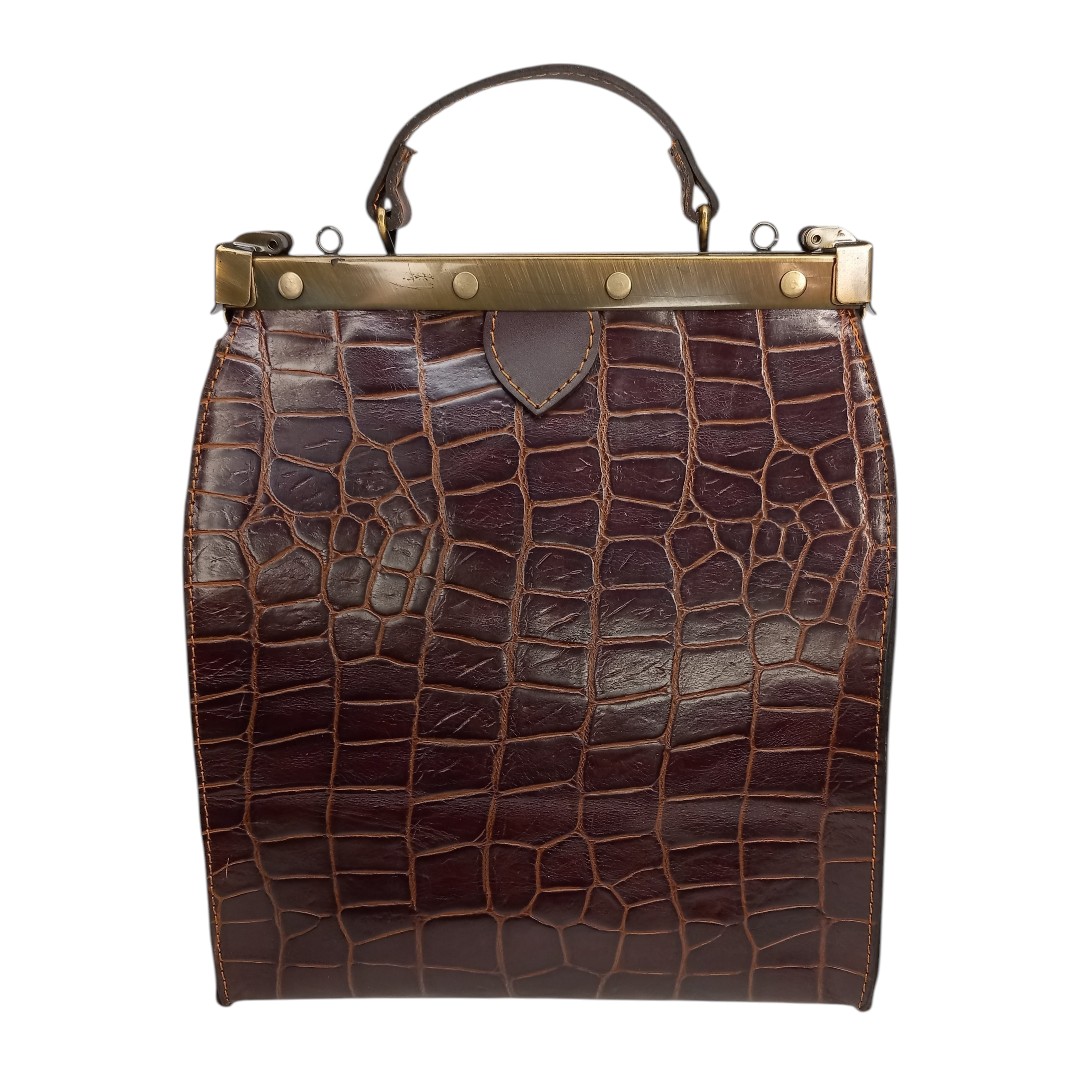 Chocolate croco leather bag EVELYN with vintage clasp