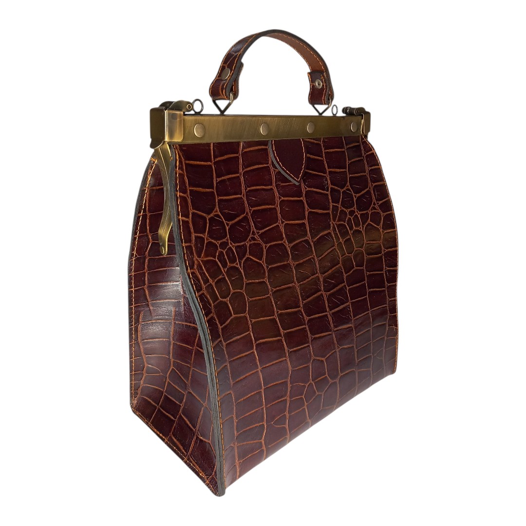 Chocolate croco leather bag EVELYN with vintage clasp