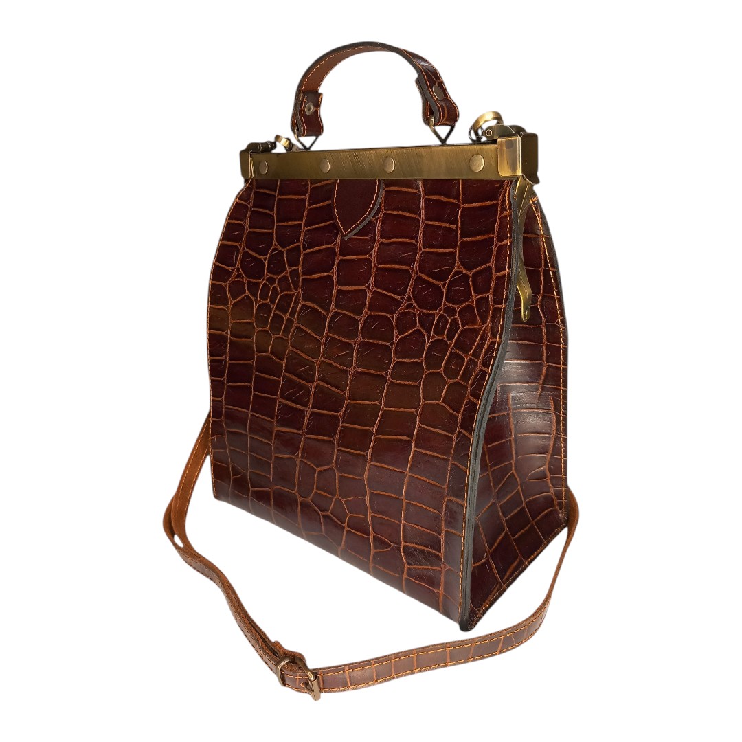 Chocolate croco leather bag EVELYN with vintage clasp