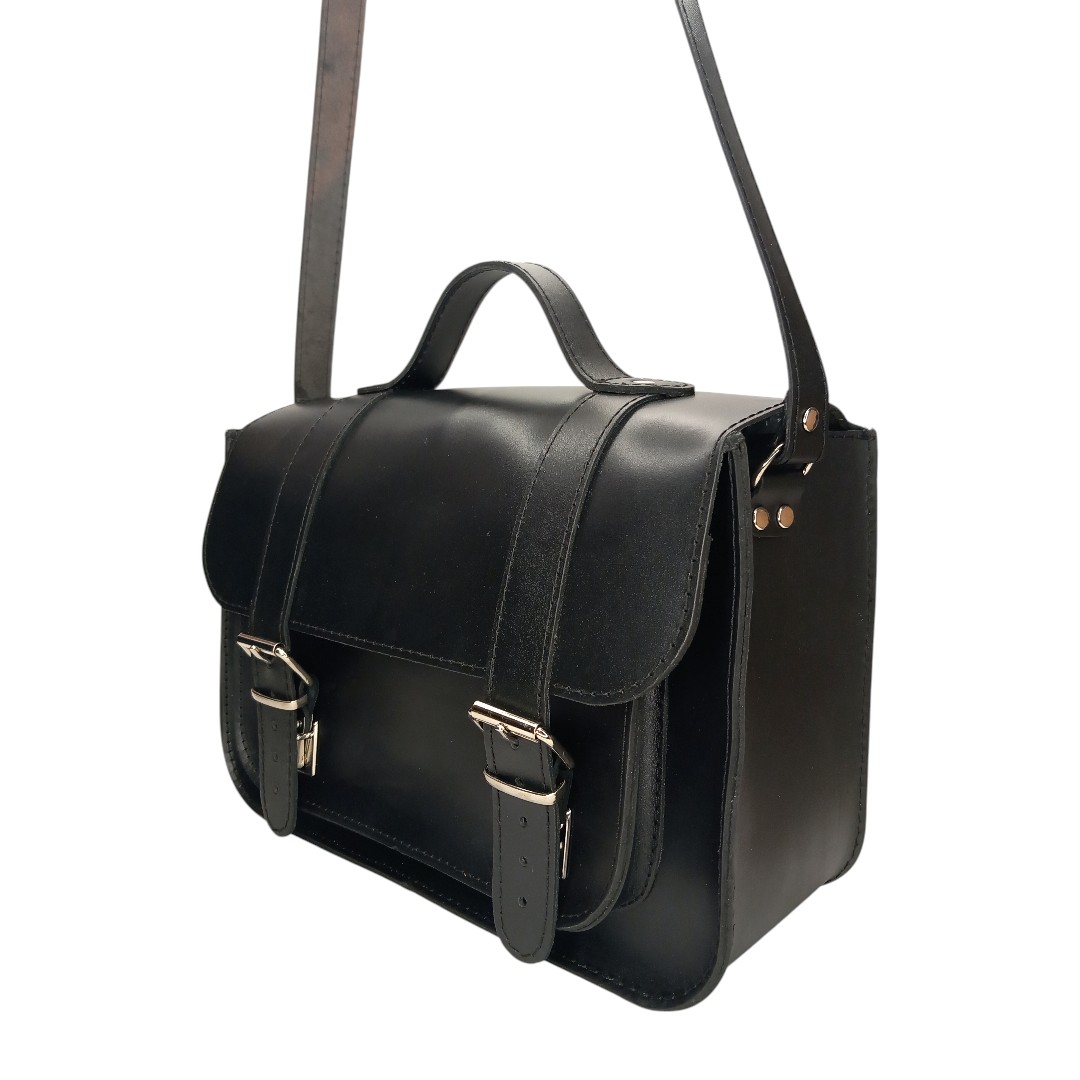 Μαύρη δερμάτινη satchel τσάντα EVA με ρυθμιζόμενο λουρί