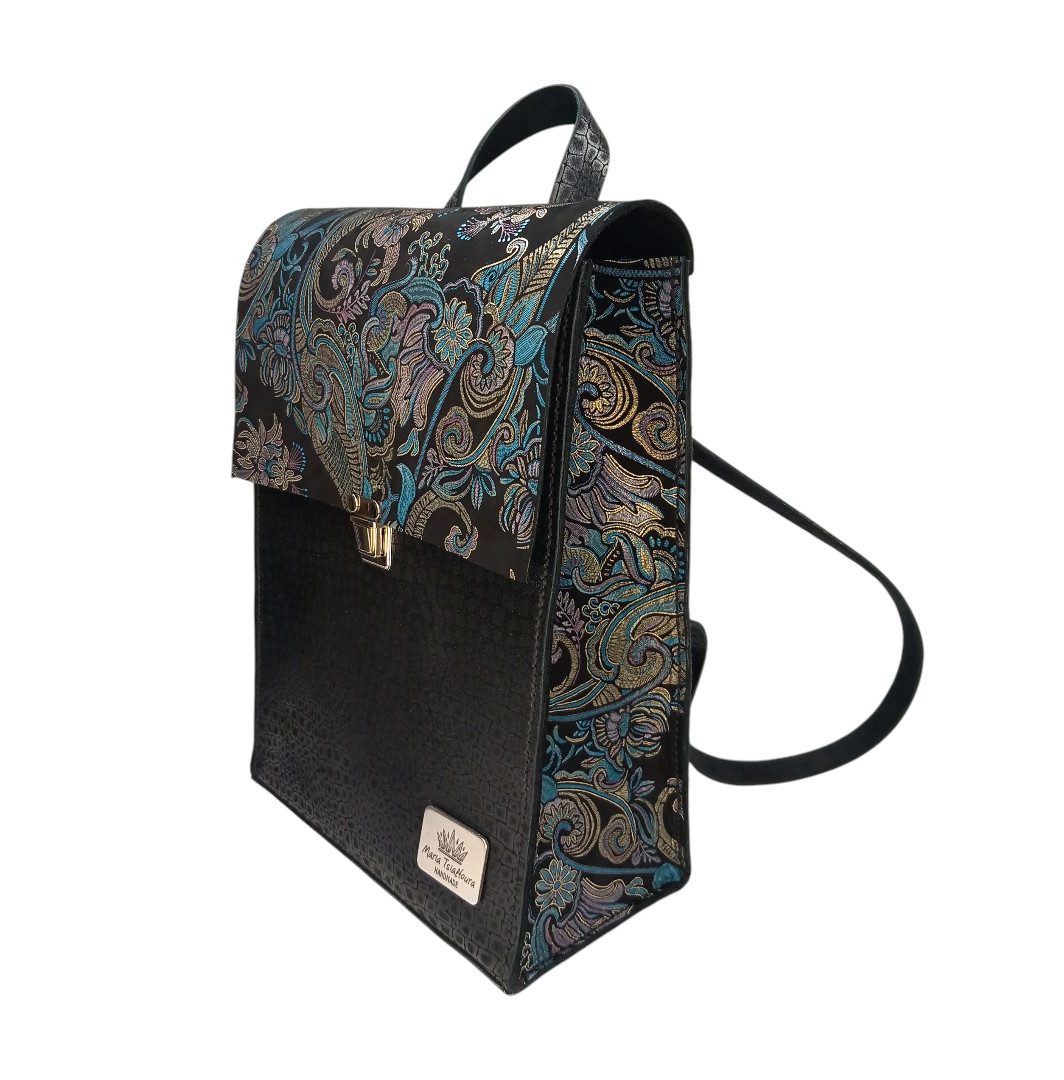 Black croco leather backpack TERRA with baroque design