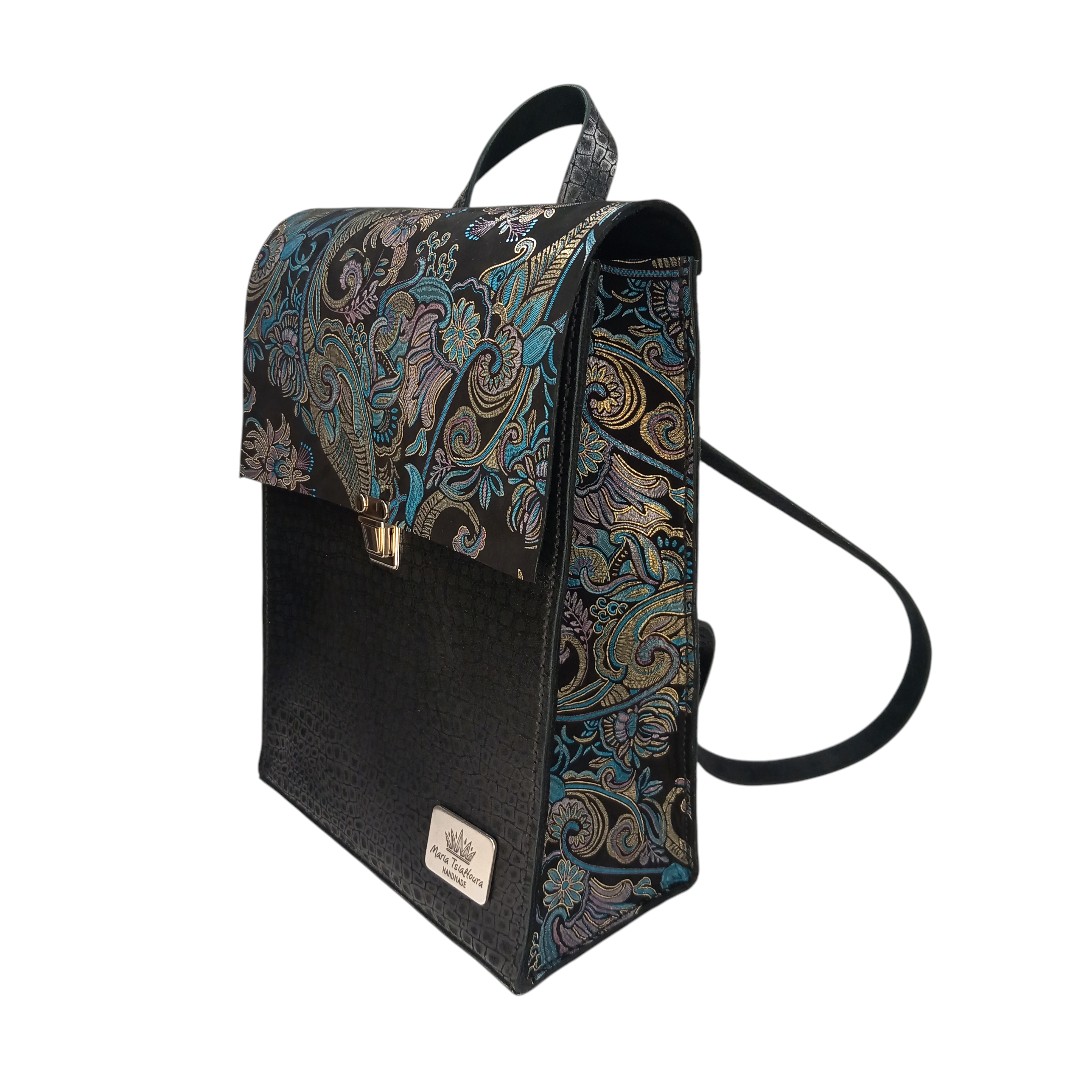 Black croco leather backpack TERRA with baroque design