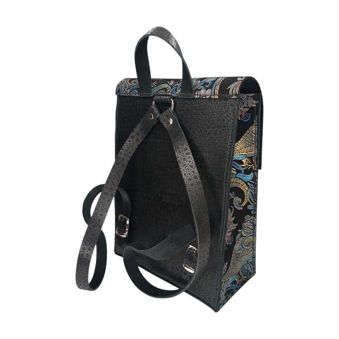 Black croco leather backpack TERRA with baroque design