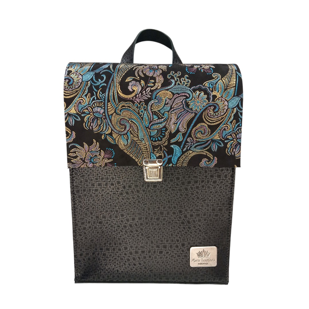 Black croco leather backpack TERRA with baroque design
