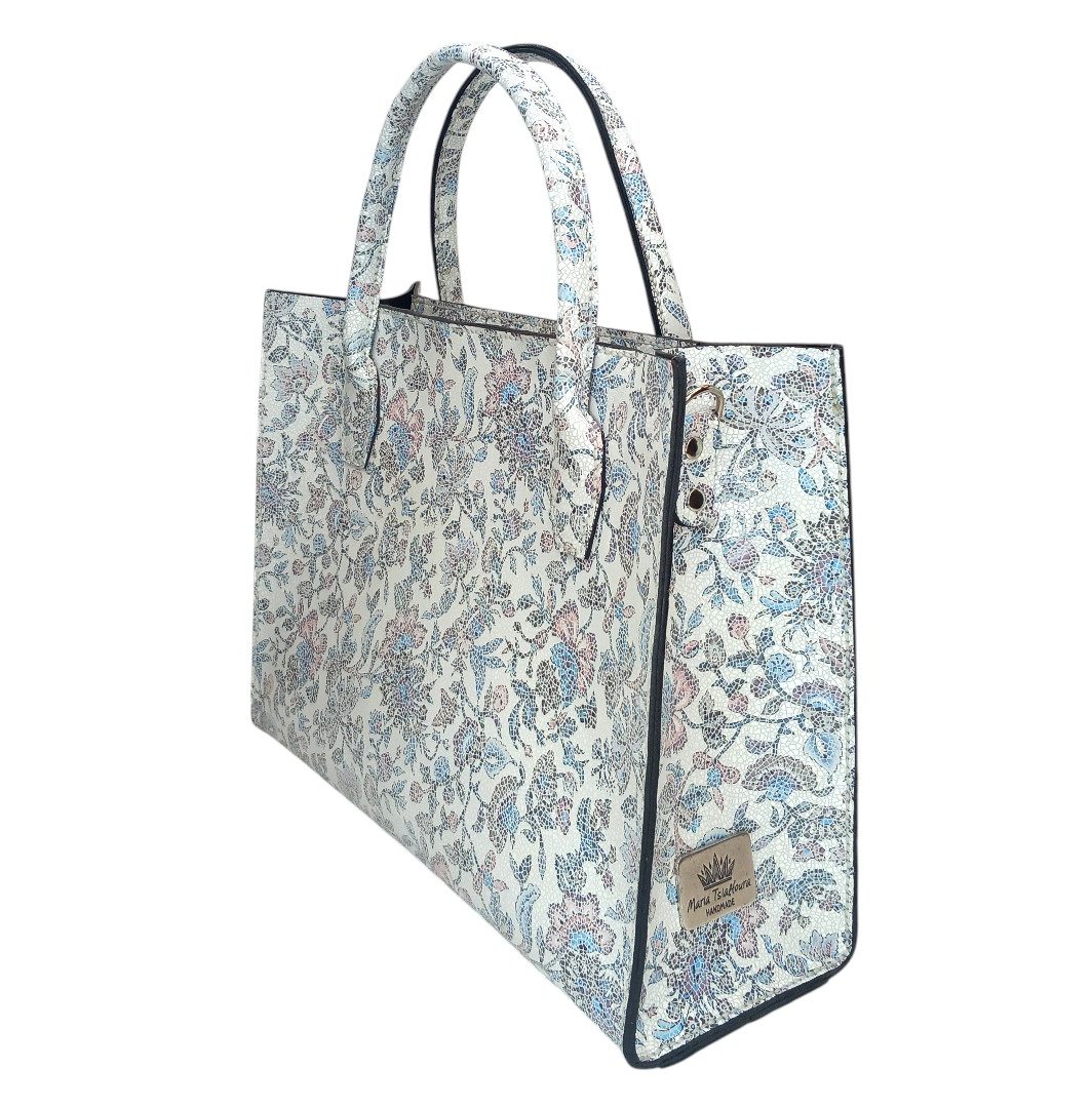 Floral mosaic tote τσάντα NOVA σε λευκό και παστέλ αποχρώσεις