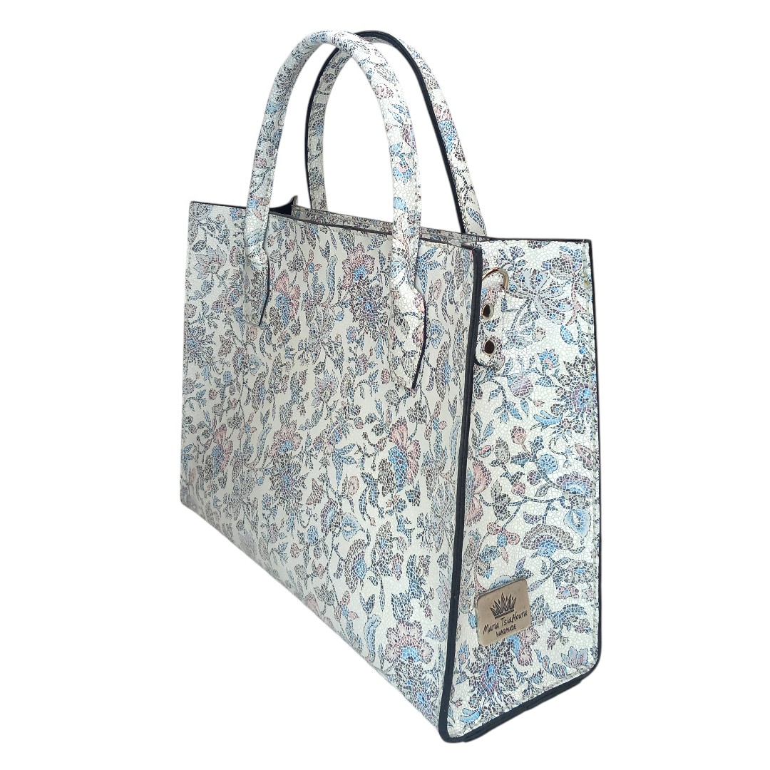 Floral mosaic tote bag NOVA in white and pastel shades