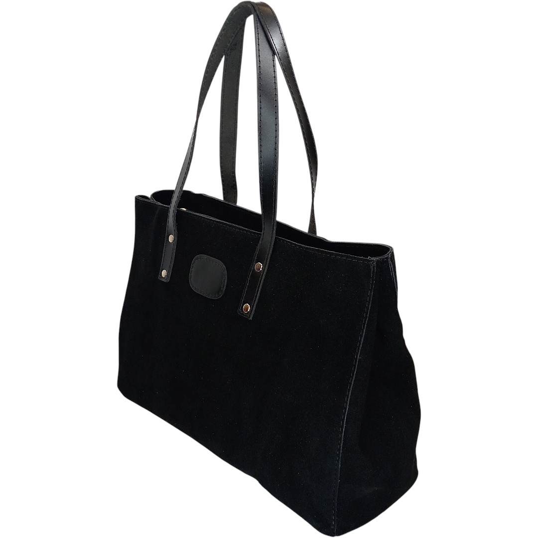 Μαύρη δερμάτινη shopper τσάντα LENA από γνήσιο καστόρι