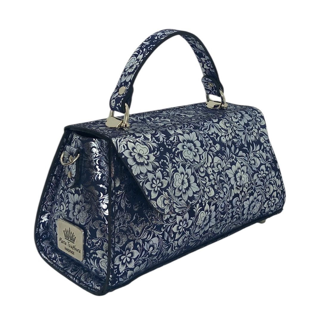 Navy blue δερμάτινη τσάντα CLARA με metallic floral σχέδιο