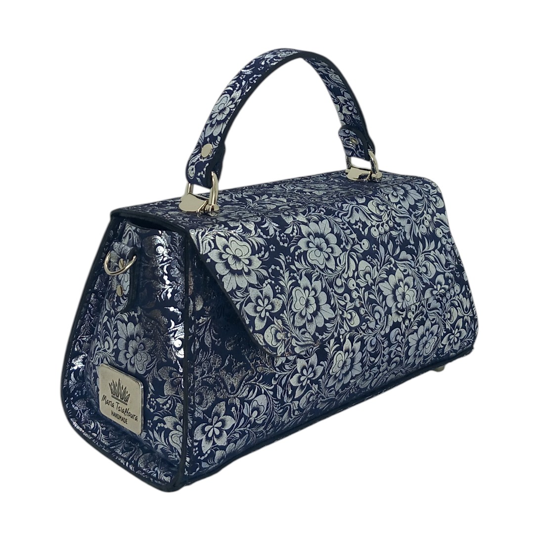Navy blue δερμάτινη τσάντα CLARA με metallic floral σχέδιο