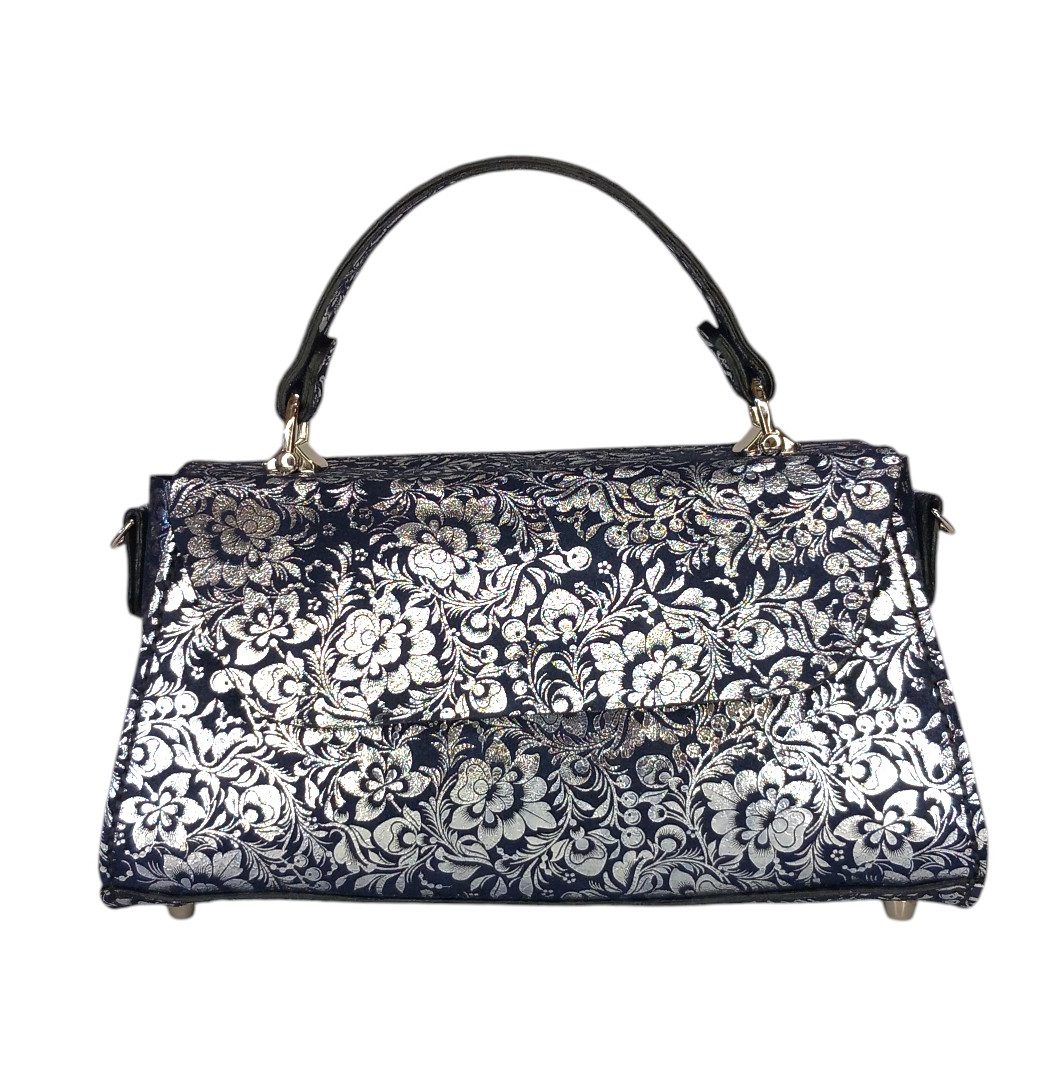 Navy blue δερμάτινη τσάντα CLARA με metallic floral σχέδιο