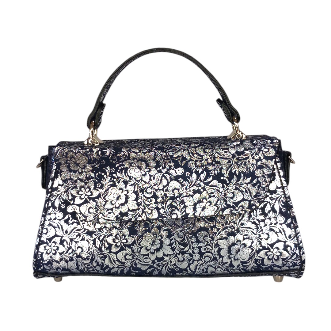 Navy blue δερμάτινη τσάντα CLARA με metallic floral σχέδιο
