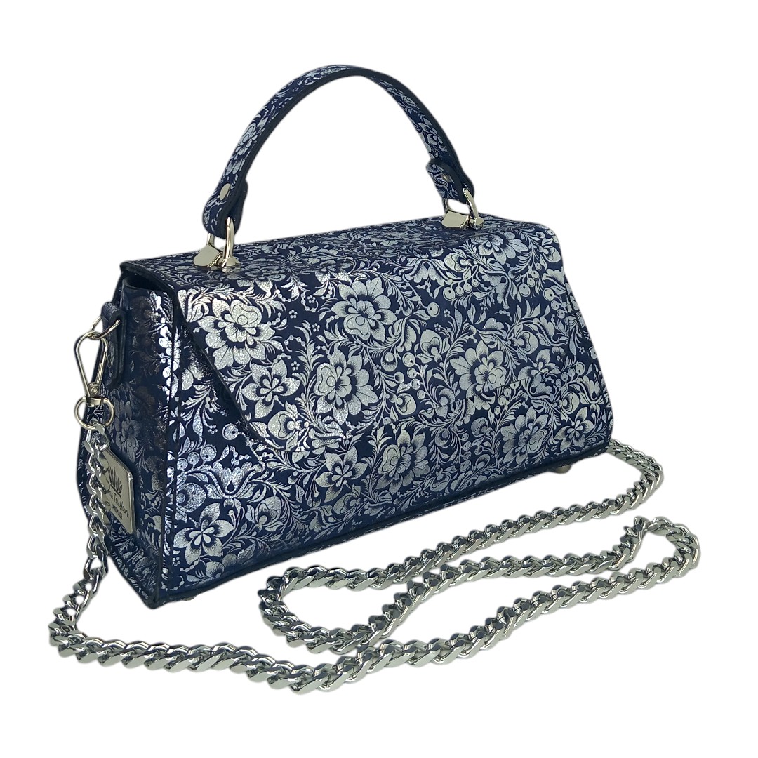 Navy blue δερμάτινη τσάντα CLARA με metallic floral σχέδιο