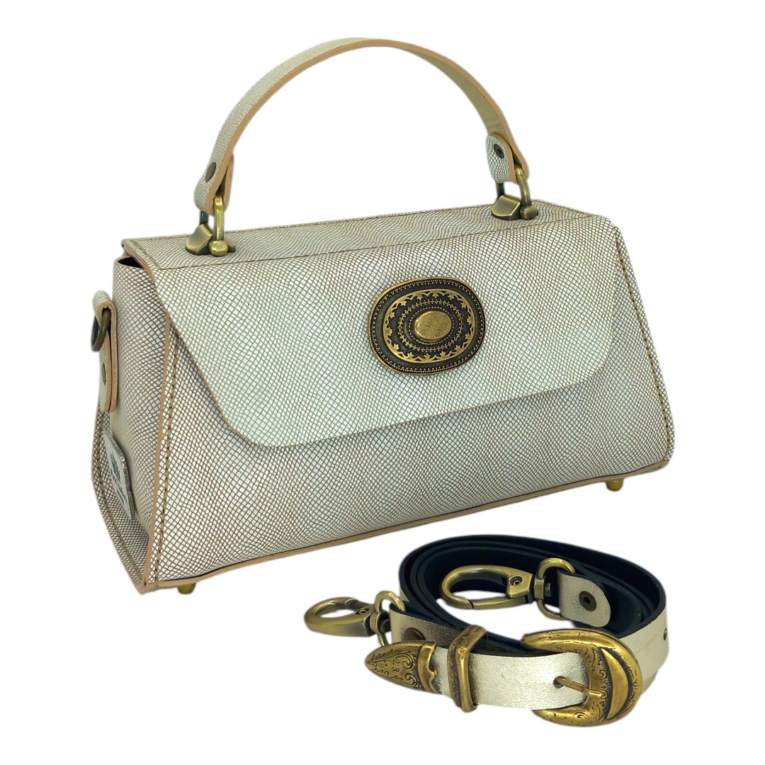 Χειροποίητη δερμάτινη snake print τσάντα CLARA σε ivory με antique gold μοτίφ