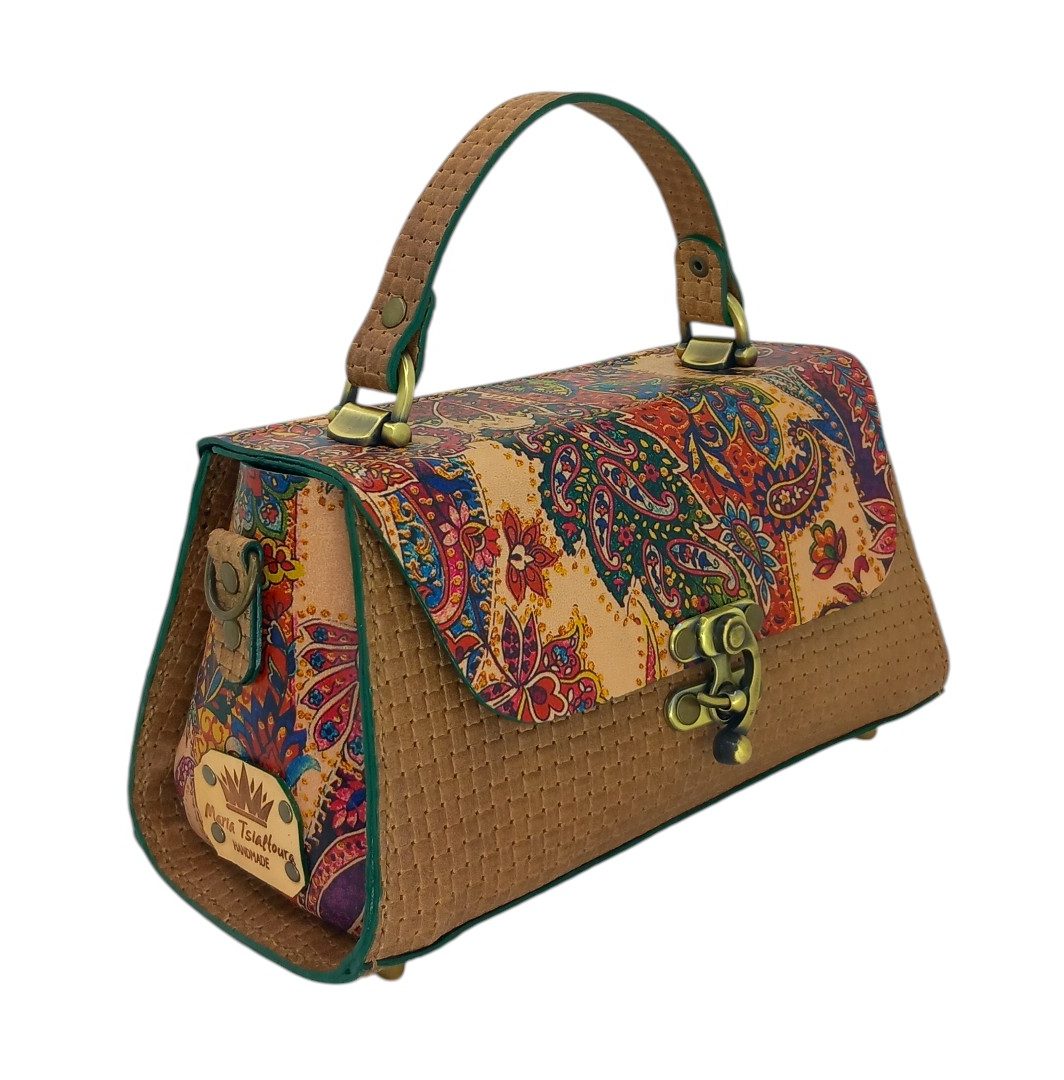 Handmade leather Paisley bag CLARA in tan with top handle