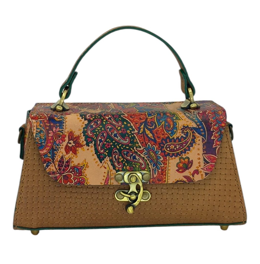 Handmade leather Paisley bag CLARA in tan with top handle