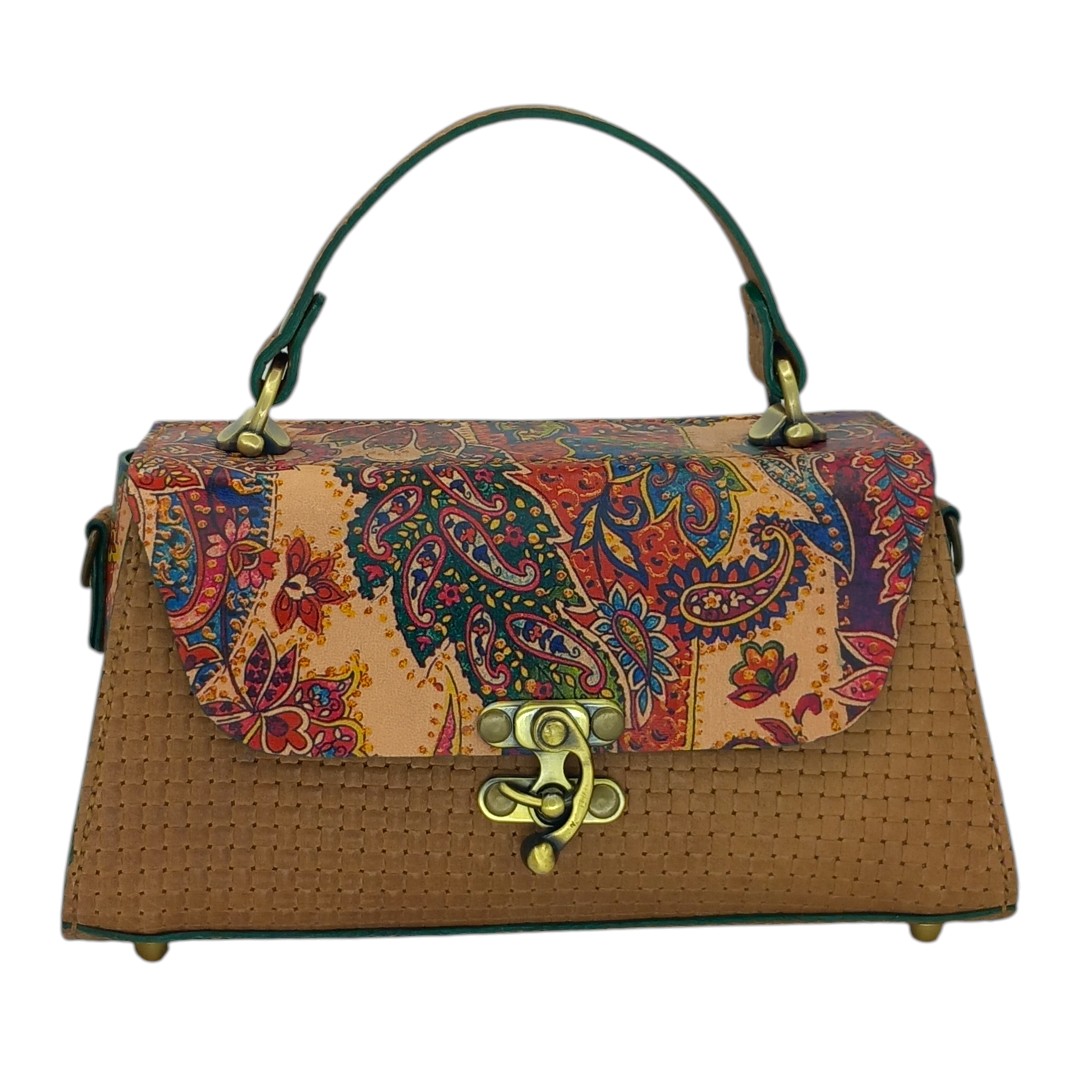 Handmade leather Paisley bag CLARA in tan with top handle