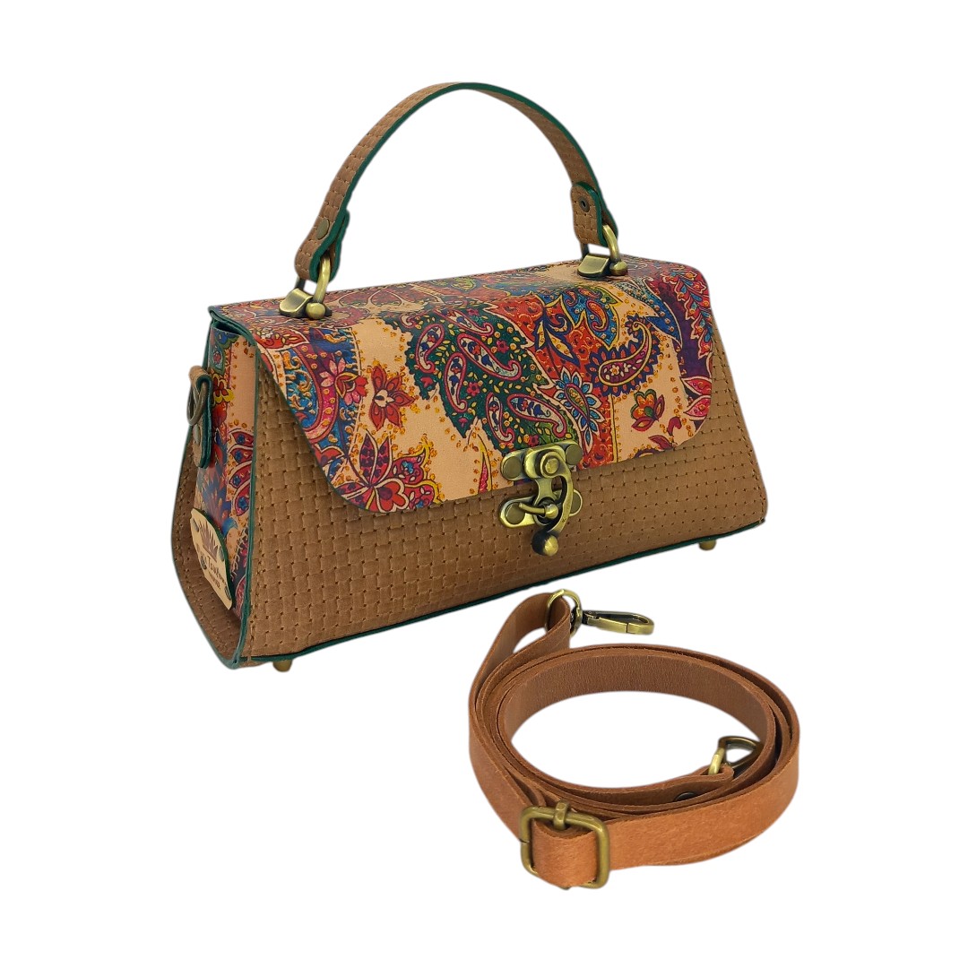 Handmade leather Paisley bag CLARA in tan with top handle