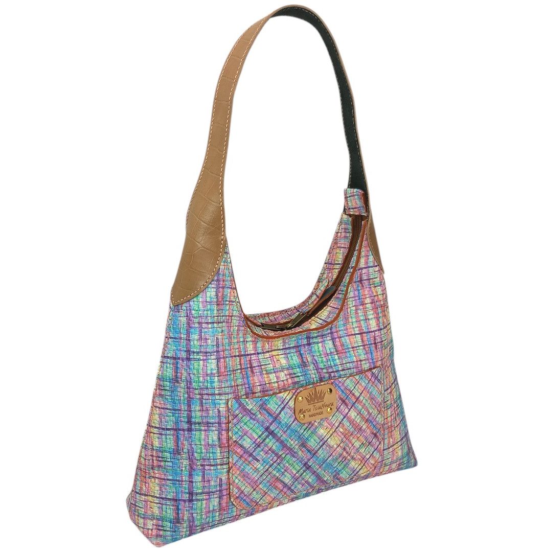 MAYA χειροποίητη δερμάτινη Hobo Shoulder Bag σε παστέλ αποχρώσεις με camel croco print