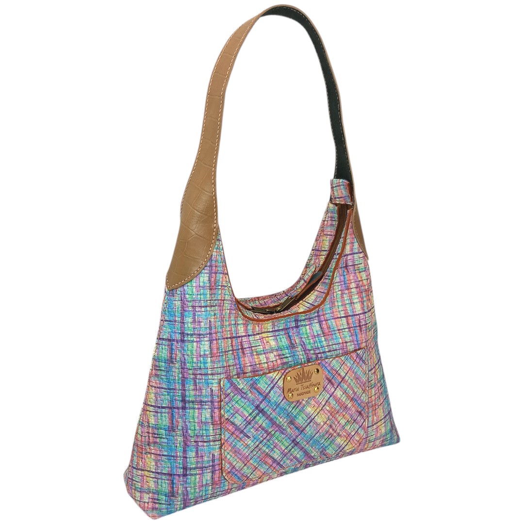 MAYA handmade leather Hobo Shoulder Bag in pastel shades with camel croco print