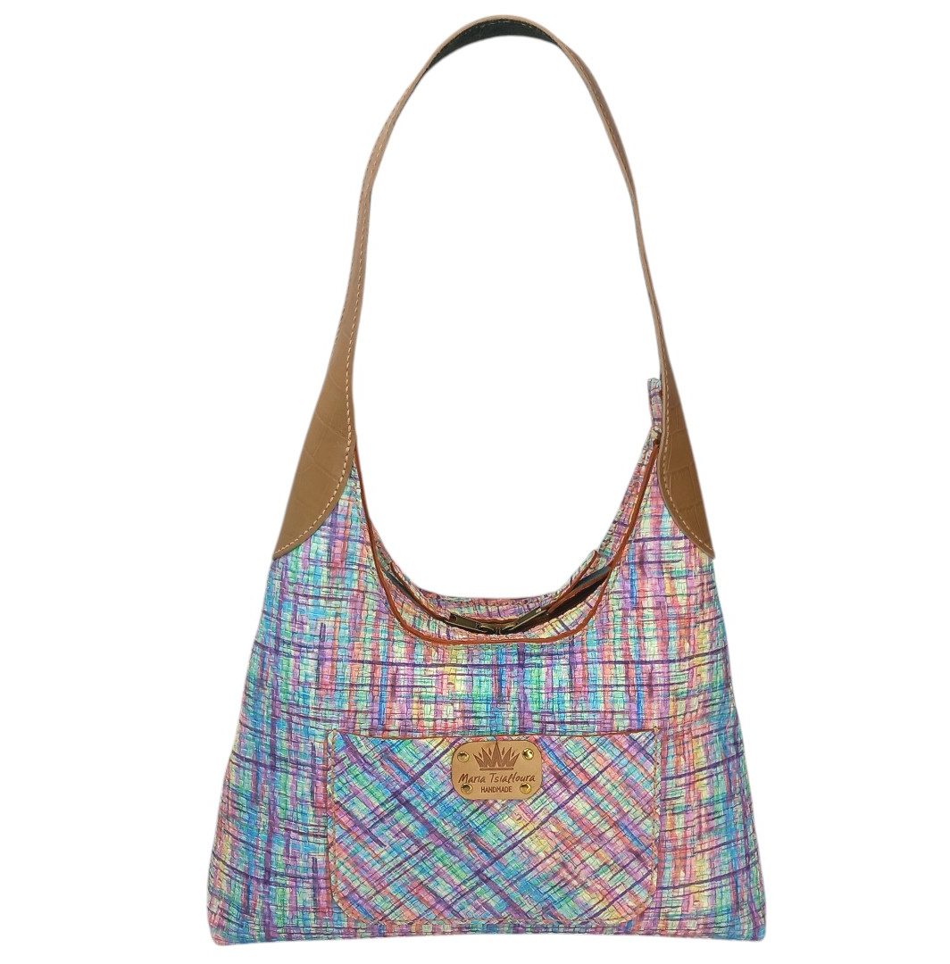MAYA χειροποίητη δερμάτινη Hobo Shoulder Bag σε παστέλ αποχρώσεις με camel croco print