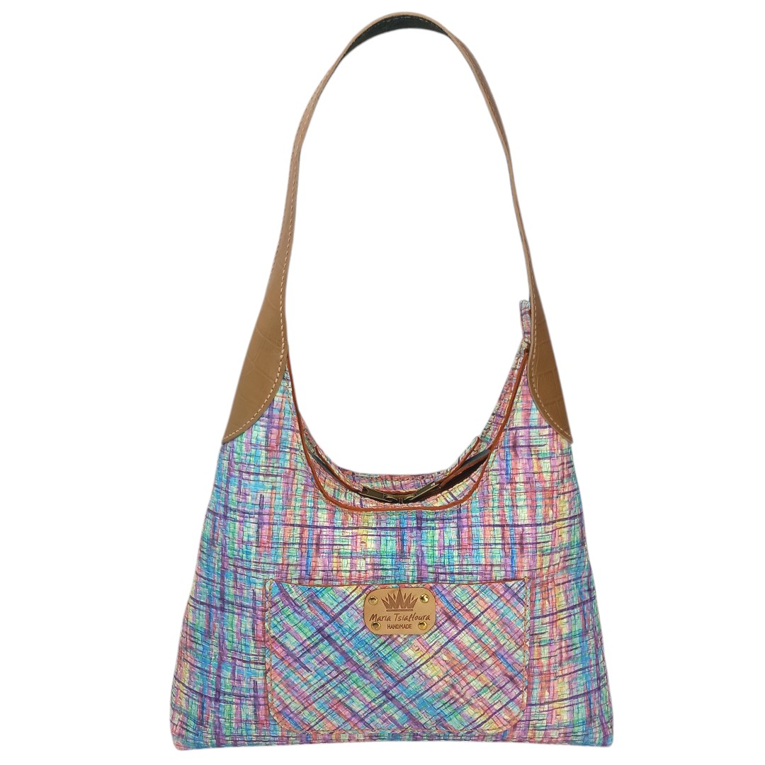MAYA handmade leather Hobo Shoulder Bag in pastel shades with camel croco print