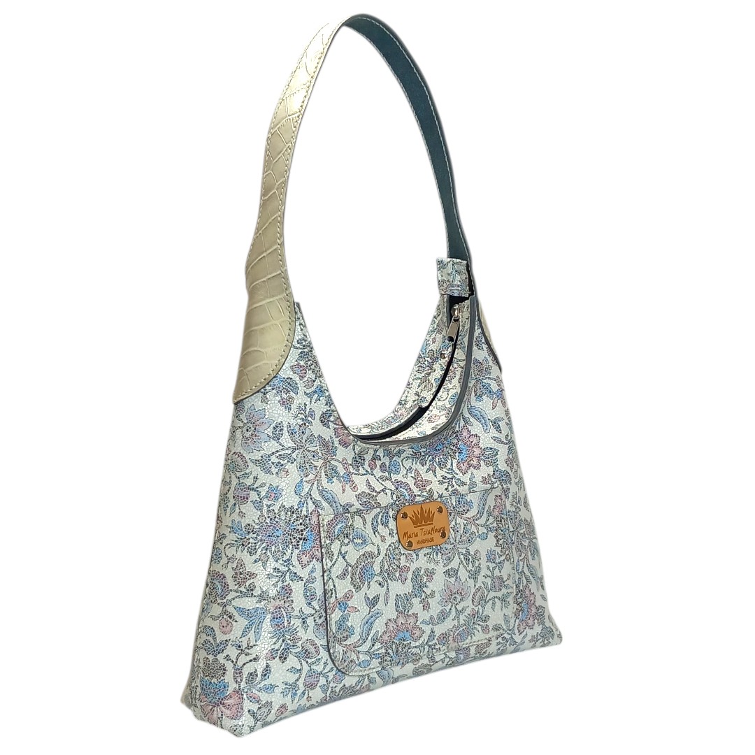 MAYA handmade leather hobo shoulder bag with pastel floral mosaic and ivory croco leather details