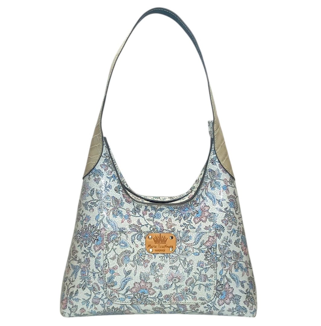 MAYA handmade leather hobo shoulder bag with pastel floral mosaic and ivory croco leather details