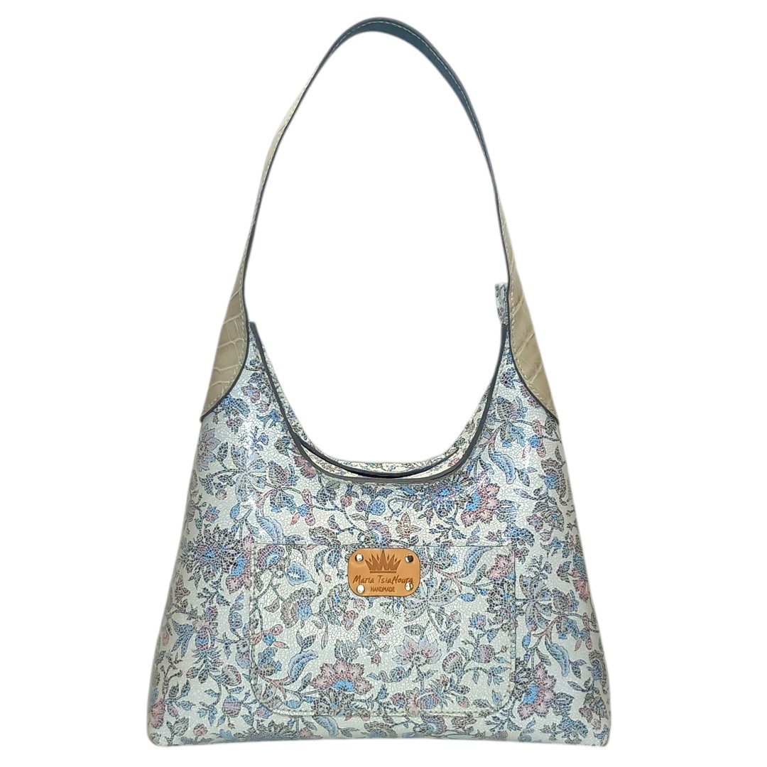 MAYA handmade leather hobo shoulder bag with pastel floral mosaic and ivory croco leather details