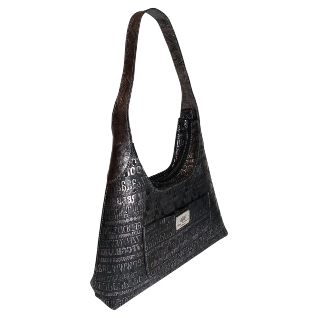 hobo bag typography MAYA χειροποίητη δερμάτινη μαύρη τσάντα