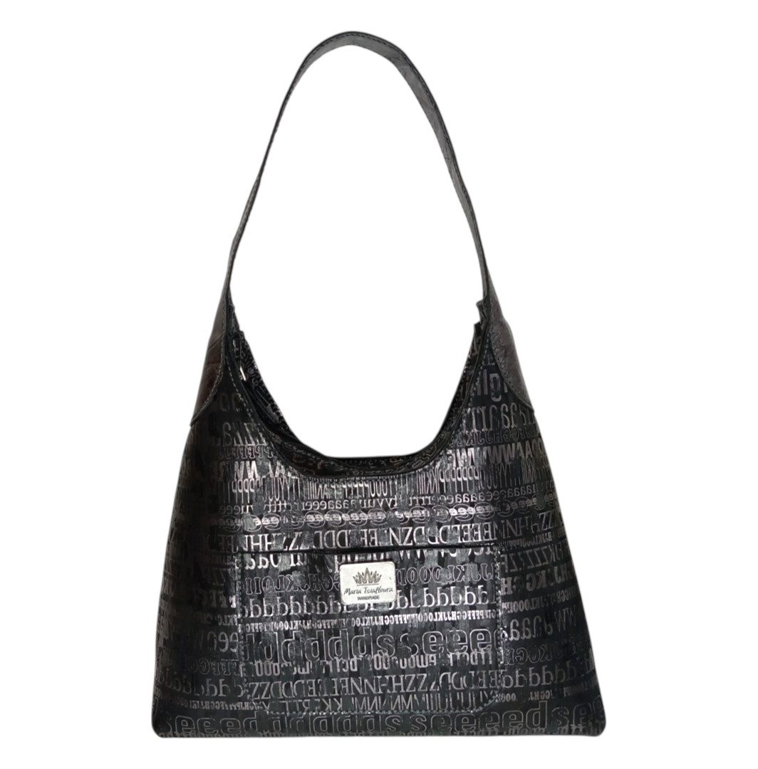 hobo bag typography MAYA χειροποίητη δερμάτινη μαύρη τσάντα