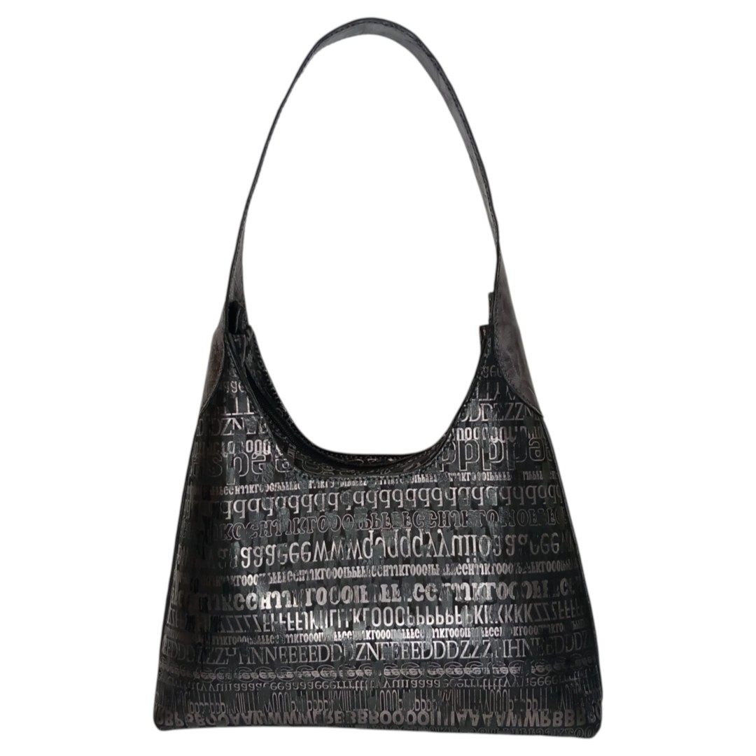hobo bag typography MAYA χειροποίητη δερμάτινη μαύρη τσάντα