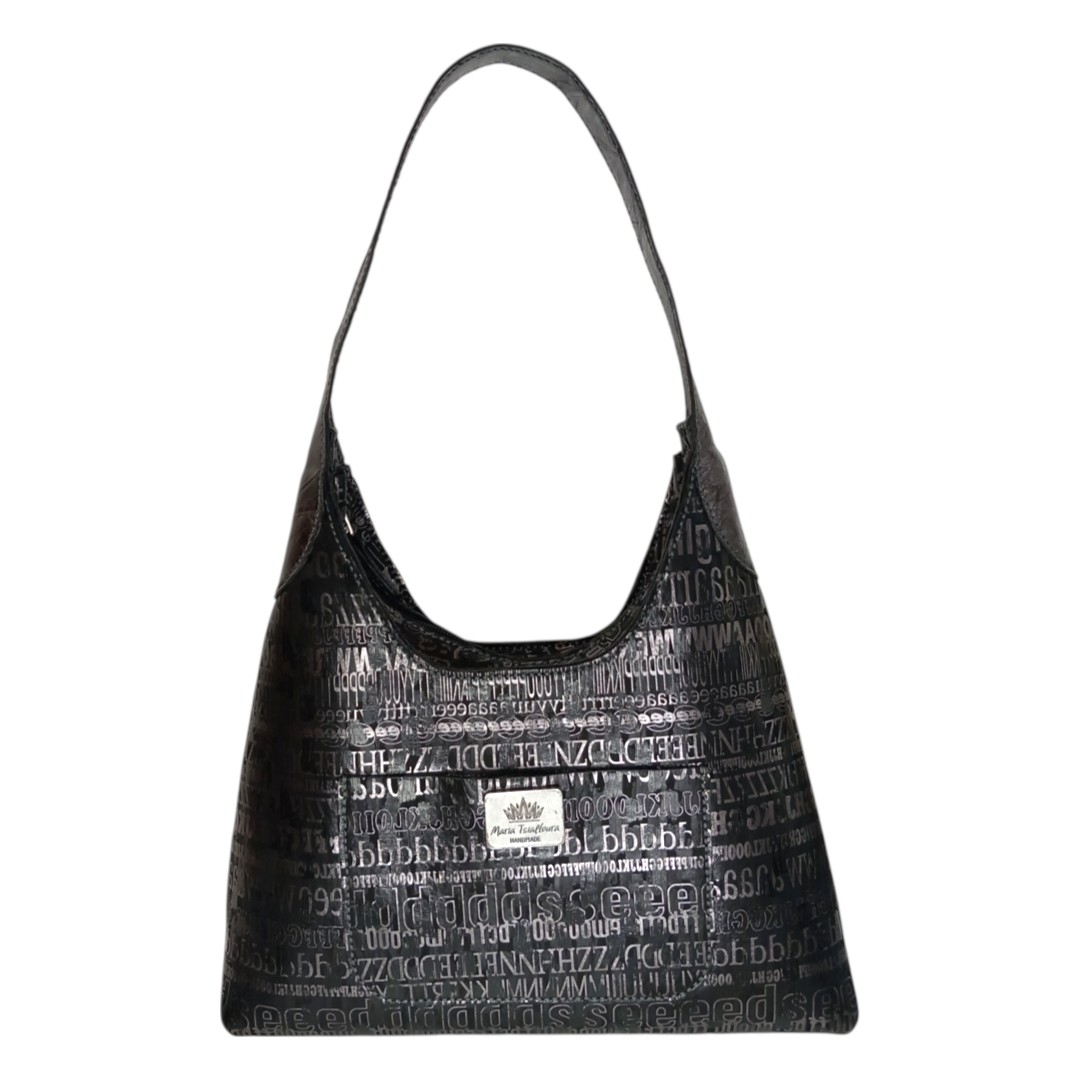 hobo bag typography MAYA χειροποίητη δερμάτινη μαύρη τσάντα